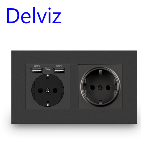 Delviz Dual Power Socket, Household Charging port, Steel frame structure, Eu standard 16A 220V~250V, Gray panel USB Wall socket ► Photo 1/6