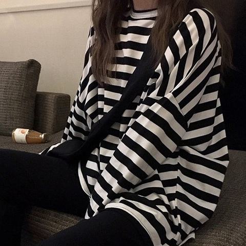 oversized t shirt spring Autumn Women harajuku Striped T-shirt Korean Casual full Sleeve O-Neck T-Shirts ulzzang Femme black Top ► Photo 1/6