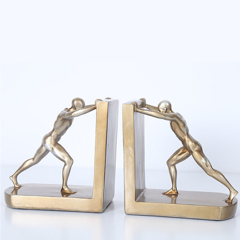 1 Pair Decorative Book Shelf Bookends, Golden Man Pushing Book Support, Book Stopper Ornaments Resin Craft for Home Cabinet ► Photo 1/6