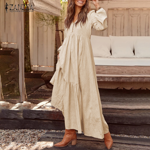 2022 ZANZEA Women Bohemian Dress Casual V Neck Pleated Party Vestidos Ladies Cotton Linen Long Maxi Dresses Kaftan Sundress 5XL ► Photo 1/6