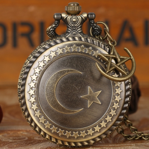 Retro Bronze Turkey Flag Design Moon Star Circle Quartz Antique Pocket Watch Punk Necklace Pendant for Men Women with Accessory ► Photo 1/6