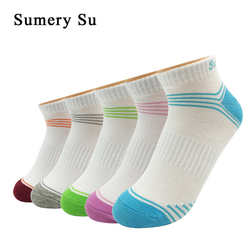 5 Pairs/Lot Women  Sport Socks Running Ankle Outdoor Cotton Colorful Stripe Socks Compression White Short Socks 5 Colors ► Photo 1/6