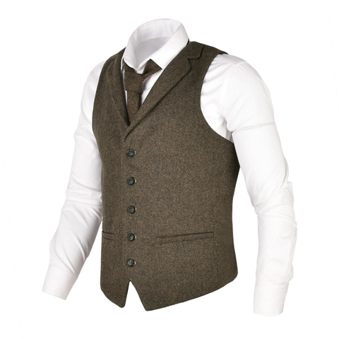 VOBOOM Men Waistcoat Herringbone Tweed Wool Blend Suit Vest Tailored Collar Dress Vests 018 ► Photo 1/6