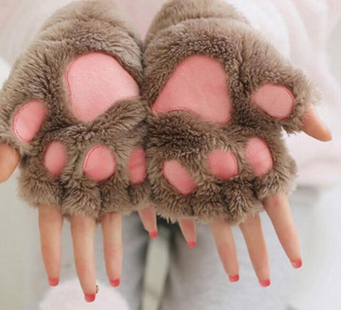 New Women Cute Cat Claw Paw Plush Mittens Warm Soft Plush Short Fingerless Fluffy Bear Cat Gloves Costume Half Finger Party Gift ► Photo 1/6