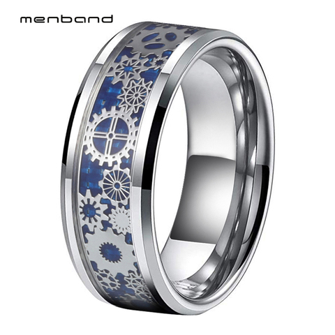 Silver Wedding Band Tungsten Rings With Mechanical Gear Wheel And Blue Carbon Fiber Inlay Beveled Edges Comfort Fit ► Photo 1/5