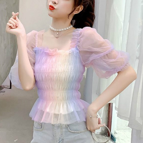 Rainbow Blouse Women Puff Sleeve Square Collar Lace Up Top Office Lady Summer Japan Style Kawaii Korean Chiffon Blouse Women ► Photo 1/6