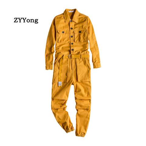 Men's Jumpsuit Lapel Long Sleeve Multi-Pocket Ankle Length Beam Feet Overalls Fashion Black Yellow Freight Trousers  Cargo Pants ► Photo 1/6