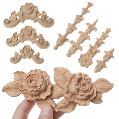 New Flower Wood Carving Natural Wood Appliques for Furniture Cabinet  Unpainted Wooden Mouldings 