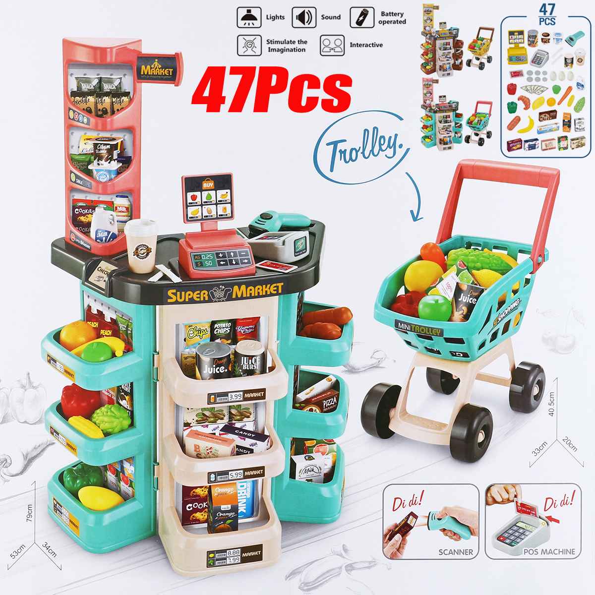Electronic Cash Register Toys Pretend Supermarket Cashier Shopping Cart Set 
