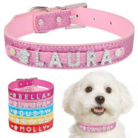 Personalized Dog Collar Leather Rhinestone Bling Charms Custom Pet Dogs Cat Name ► Photo 1/6