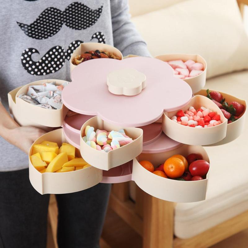 Flower Design Rotating Candy Box 2-Layer Dried Fruit Plate Snack-Serving Tray 