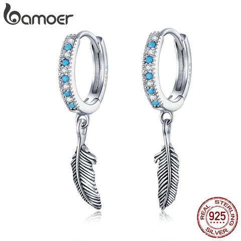 bamoer Boho Style 925 Sterling Silver Jewelry Turquoise Color Stone Feather Dangle Earrings for Women Earring with Charm SCE898 ► Photo 1/6