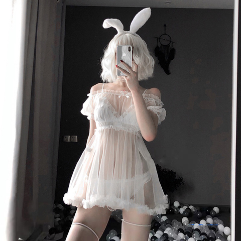 Kawaii Lace Babydoll Lingerie Pajamas Set for Women Off-Shoulder Tulle Temptation See Through Dress Erotic Cosplay Costumes ► Photo 1/6