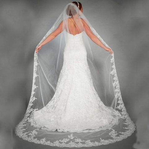 Elegant Wedding Accessories Appliques Tulle Long Cathedral Wedding Veils Lace Edge 1T Bridal Veils 3 Meters Veu De Noiva Longo ► Photo 1/5