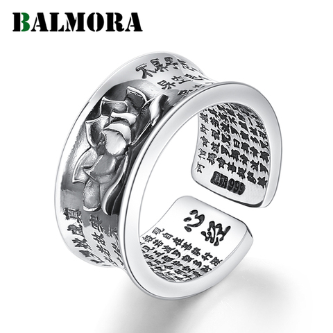 BALMORA Real 999 Silver Jewelry Buddhism Sutra Lotus Open Stacking Rings for Women Men Gift Vintage Statement Fashion Jewelry ► Photo 1/6