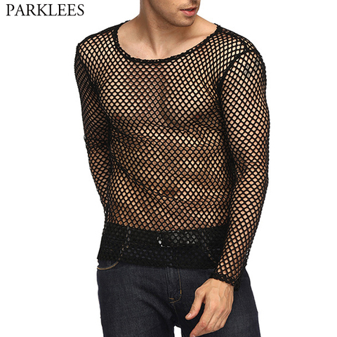 Mens Transparent Sexy Mesh T Shirt 2022 New See Through  Fishnet Long Sleeve Muscle Undershirts Nightclub Party Perform Top Tees ► Photo 1/6