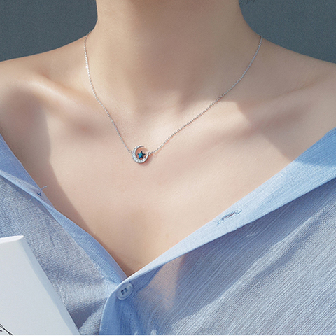 Sweet 925 Sterling Silver Zircon Moon Blue Star Zircon Star Necklaces For Women Choker Collares Birthday Gift NK026 ► Photo 1/6