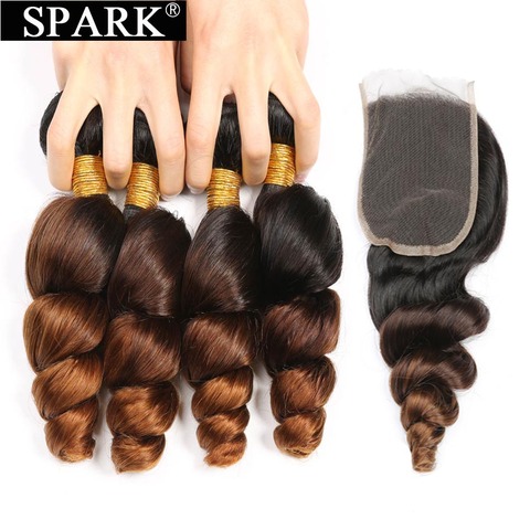 Ombre Peruvian Loose Wave Bundles with Closure 1B/4/30 Spark Remy Hair Extension Human Hair Bundles with Closure Medium Ratio ► Photo 1/6