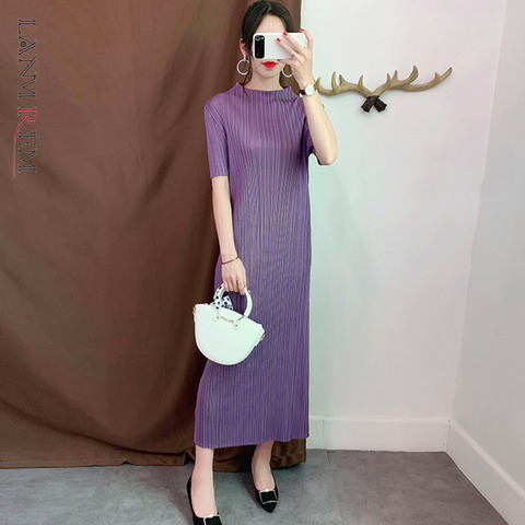 LANMREM Purple Stand-up Collar Short-sleeved Pleated Slim Plus Woman Bottom Dress Casual Simple Fashion 2022 autumn New TV734 ► Photo 1/6