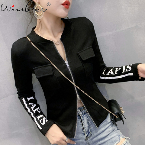 Fall Winter Korean Style Cotton Coat Sexy Chic Pockets Zipper Cardigan Print Letter Women Tops Ropa Mujer Short Jacket C08901L ► Photo 1/6