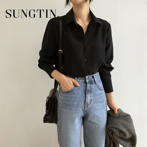 Women Shirt Blouse Collar Long Sleeve Shirt Women Black Shirt