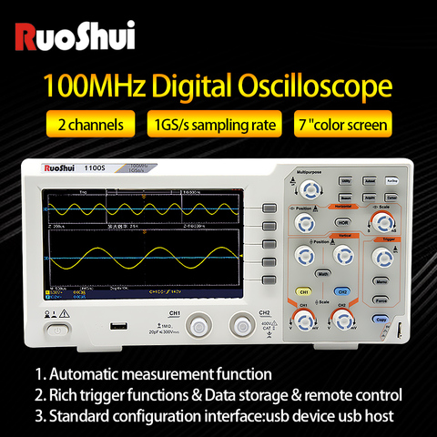 RuoShui Digital oscilloscope 100mhz 2channels 1gsa/s 7'' Tft Lcd High Accuracy Original USB Full bandwidth Storage Oscilloscope ► Photo 1/6