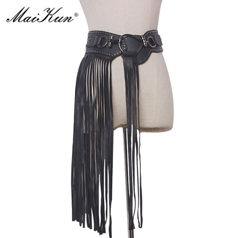 Luxury Designer Maikun Punk Style Belt For Women Personality Long Fringed Skirt Fashion Rivet Wide Elastic Black Female Belts ► Photo 1/6