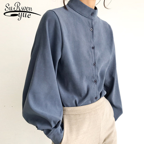 2022 Fashion women blouse shirt lantern long sleeve women shirts solid stand collar office blouse womens tops and blouses 2516 ► Photo 1/6