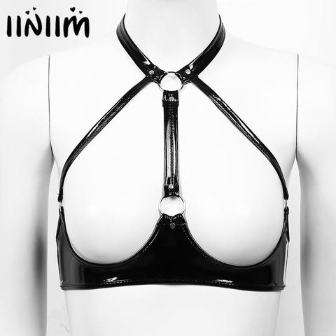 Womens Femme Sissy Latex Crop Tops Black Open Cup Harness Tops Patent Leather Backless Wire-free Unlined Lingerie Exotic Bra Top ► Photo 1/6