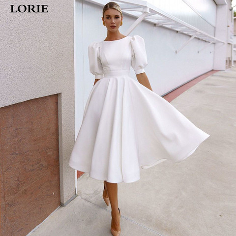 LORIE Simple And Clean Satin Short Wedding Dress Puff Sleeve Knee Length Bride Dresses Sexy Open Back Wedding Party Gowns ► Photo 1/6