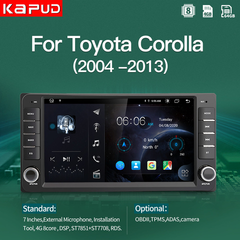 Kapud Android 10 Car Radio For Toyota Corolla Multimedia Touch Screen Player E120 E150 2002 2004 2005 2006 2008 2009 DSP GPS BT ► Photo 1/6