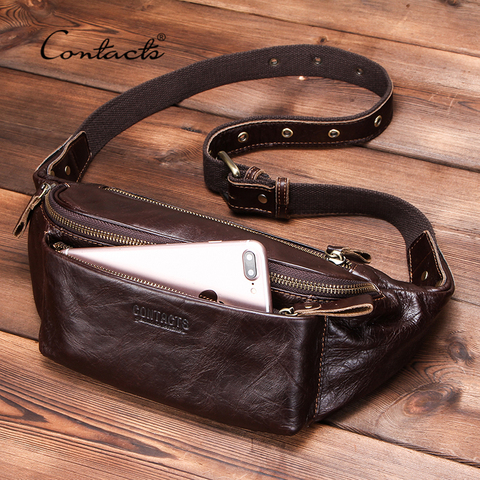 CONTACT'S Genuine Leather men waist bag for iPhone vintage Travel Fanny Pack with card holder male Belt Bag zipper bum bag 2010 ► Photo 1/6