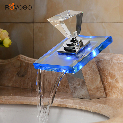 Led Light Basin Faucet Waterfall Taps, 3 Colors Change Single Hole Deck Mounted Water Bathroom Sink Tap ► Photo 1/6
