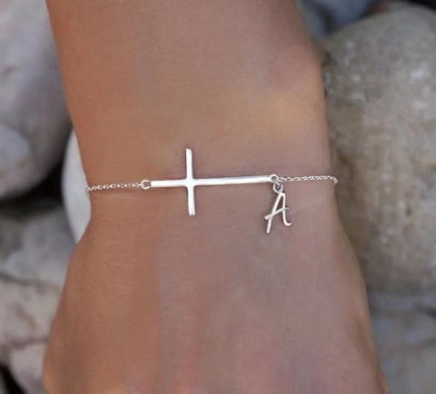 Sideways Cross Bracelet with Dainty Initial - Initial Bracelet In Silver Plated ► Photo 1/3