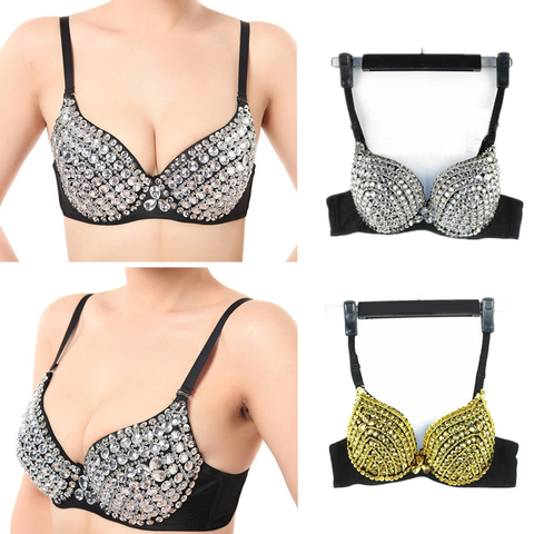 High Quality Sexy Bras Women Push Up Luxury Rhinestone Sequined Bra Lady Silver/Gold Punk Studded Sponge Dance Bras For Party ► Photo 1/6