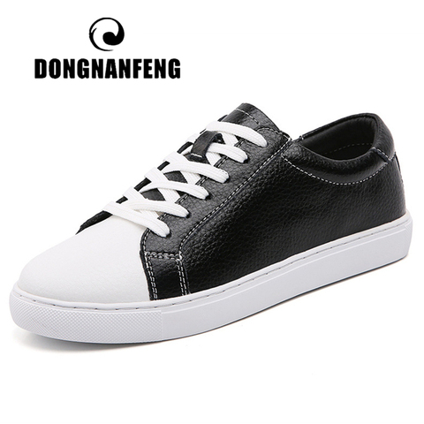 DONGNANFENG Women Female Men Students Genuine Leather White Shoes Flats Lace Up Soft Vulcanized Shoes Korean Plus Size 43 44 ► Photo 1/6