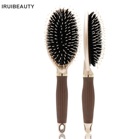 Natural Wild Boar Bristle Massage Comb Anti-static Hair Scalp Paddle Brush Beech Aluminium Handle Hair Brush Styling Tool ► Photo 1/6