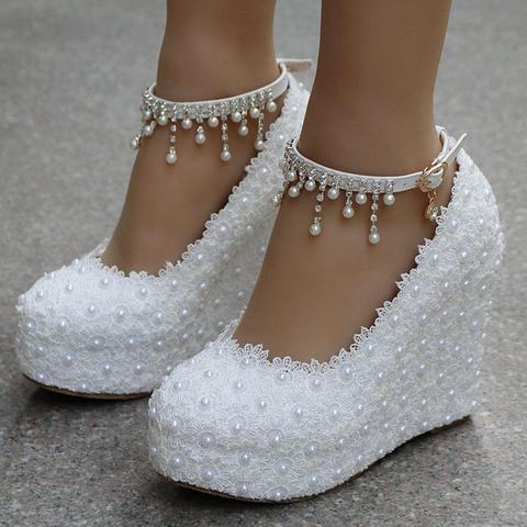 Crystal Queen White Wedges Wedding Pumps Sweet White Flower Lace Pearl Platform Pump Shoes Bride Dress High Heels ► Photo 1/6