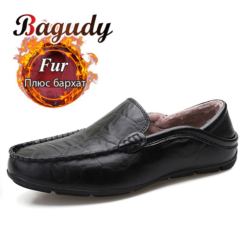 Brand Autumn Winter Warm Fur Leather Flats Loafers Winter Mens Moccasins Casual shoes Fashion Slip On Driving Shoes Size 37-47 ► Photo 1/6