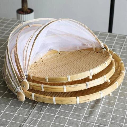 Handmade Bamboo Wicker Basket with Gauze Bug Proof Dustproof Food Fruit Vegetable Bread Basket Cover Bakery Eco-friendly ► Photo 1/6