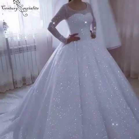 Buy Online Sparkle Princess Wedding Dress For Women 2020 Plus Size Bridal Dresses Ball Gown Long Sleeve Lace Up Back Vestido De Noiva Alitools