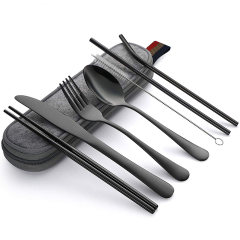 Dinnerware Set Travel Camping Cutlery Set Reusable Silverware with Metal Straw Spoon Fork Chopsticks and Portable Case ► Photo 1/6