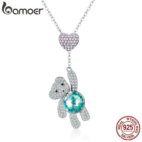 BAMOER 100% 925 Sterling Silver Pink CZ Heart And Cute Bear Animal Pendant Necklaces for Women Silver Jewelry Gift SCN271 ► Photo 1/6