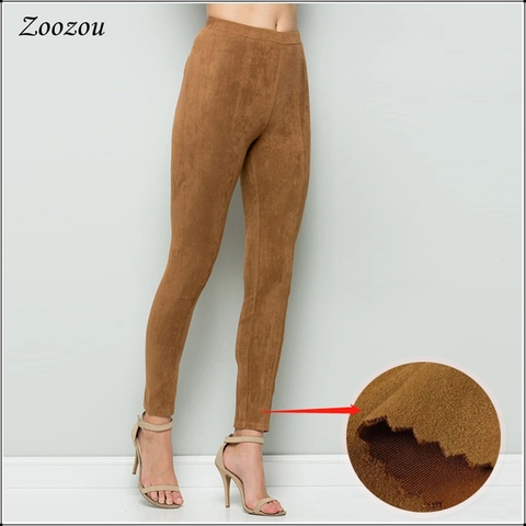 Women Skinny Slim Suede Leather Pencil Pants Capris Seamless Trousers Ladies Elastic Bodycon Suede Pants Workwear Legging Custom ► Photo 1/6