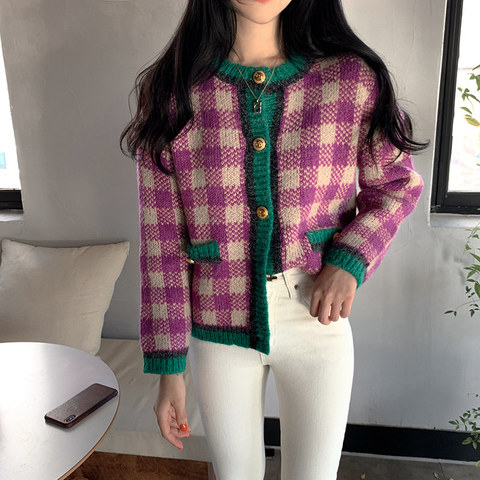 Alien Kitty 2022 Korean Spring Knitted Sweaters Lady Vintage Plaid Knit Cardigan Female Fashion Sweater Coat for Women Clothing ► Photo 1/6