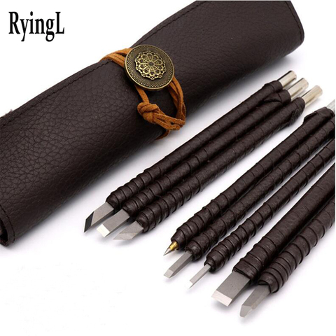 8pcs Tungsten Steel Carving Knife Set Seal Stone Graver Lettering Engraving Tool with Leather Handle+ Leather Bag ► Photo 1/5