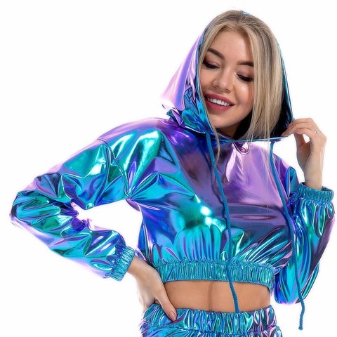 Sexy Cropped Holographic Hoodies Women Shiny PU Metallic Hoody Long Sleeve Short Sweatshirt with Drawstring Pullovers Streetwear ► Photo 1/6