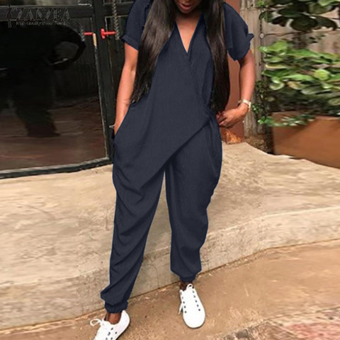 2022 ZANZEA Fashion Summer Rompers Women Solid V Neck Long Jumpsuits Casual Loose Short Sleeve Overalls Harem Pants Playsuits ► Photo 1/6