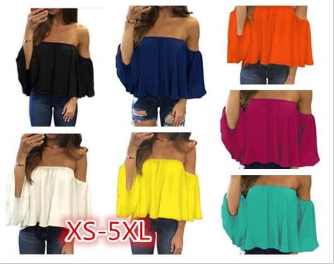 2022 Summer T-shirt Women Fashion Sexy Chiffon Off Shoulder Shirts Strapless Short Sleeve Beach Tops Tee Feminine Plus Size 5XL ► Photo 1/5