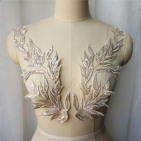 2PCS Light Gold Leaf Leaves Lace Fabric Sequin Embroidered Gown Appliques Collar Sew Patches For Wedding Decoration Dress DIY ► Photo 1/6